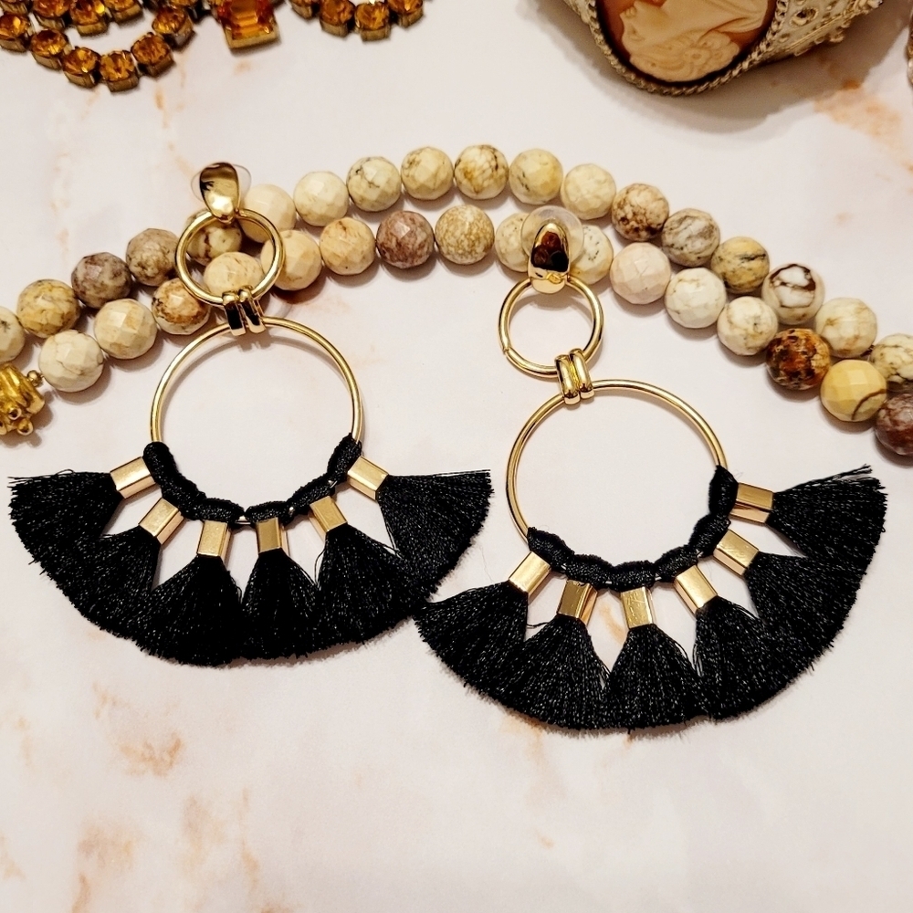 CHA CHA LARGE BLACK & GOLD SILK TASSEL DROP EARRINGS